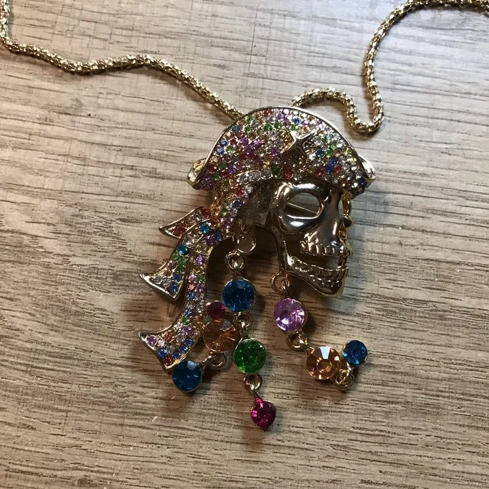 Betsy Johnson Gold Rhinestone Multicolor Crystal Pirate Skull Pendant Necklace